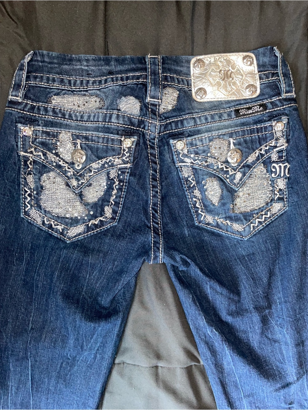 Miss Me Dark Blue Embellished Bootcut Low Rise Jeams